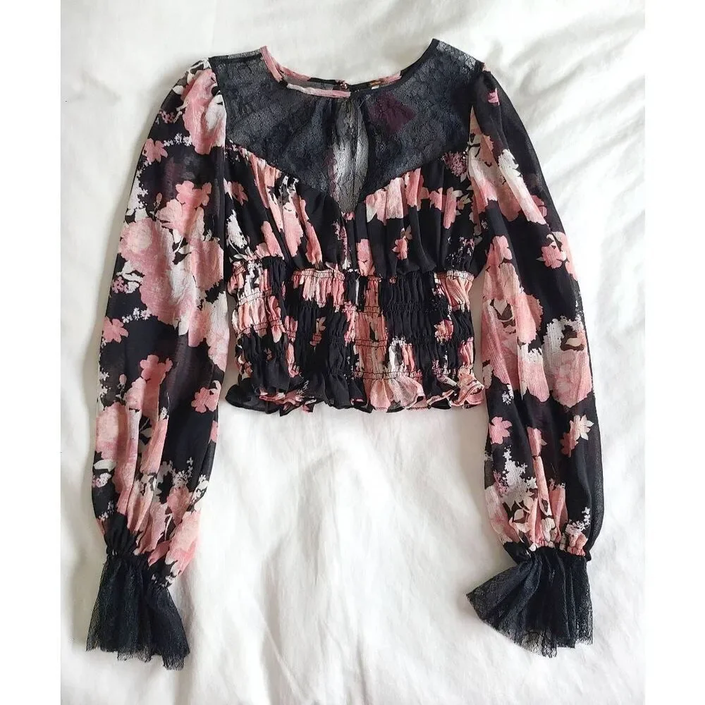 Free People Womens Sheer Embroidered Lace Daphne Blouse Midnight Combo Small NWT
